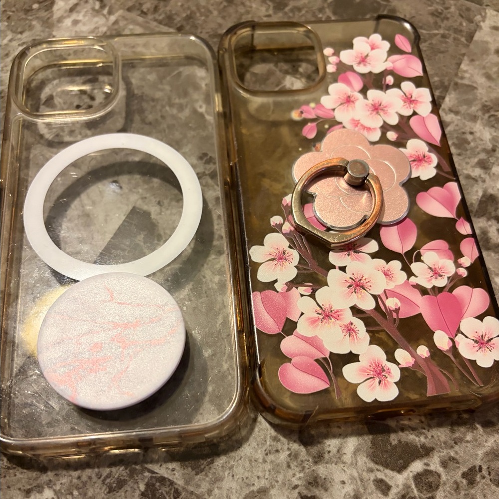 IPhone 13 cases Floral Pink Case w/ Ring Holder & Clear case w/Pop-up holder